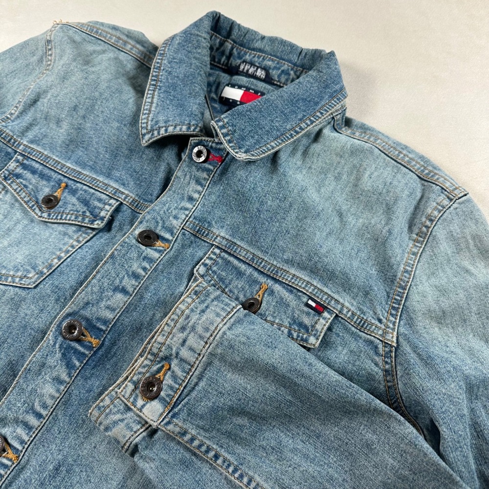 Tommy Jeans Denim Jacket L Blue Faded Trucker Flag 90s Y2K Style